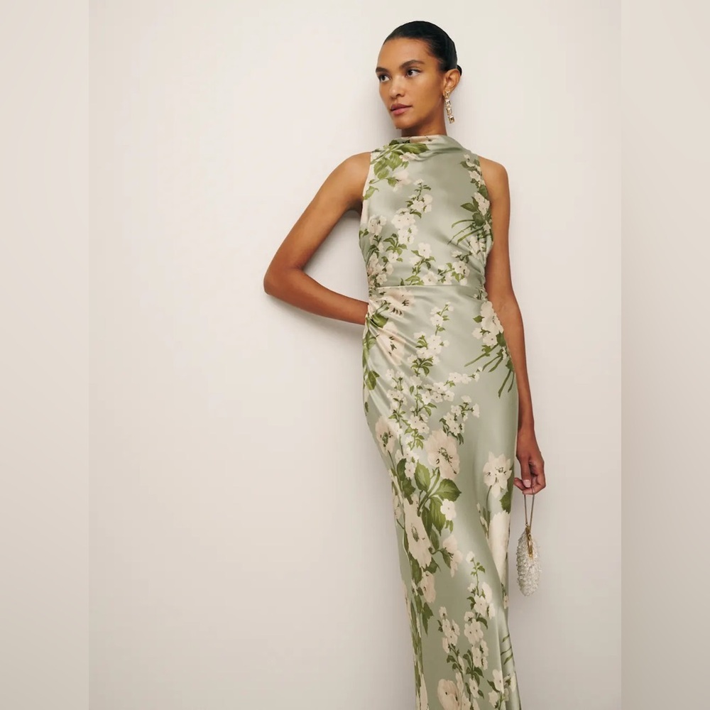 NEW Reformation Anaiis Long Silk Dress Tarragon Green Floral | size 4 - Picture 5 of 14